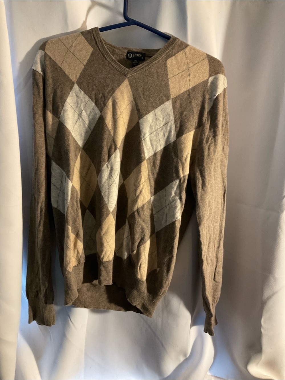 J. Crew Men's Tan and Cream Argyle Cotton/Cashmere V-Neck Sweater